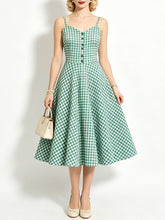 Load image into Gallery viewer, 1950s Green Gingham Button Front Spaghetti Strap Swing Summer Picnic Dress