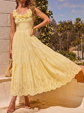 Load image into Gallery viewer, Women’s Pastel Yellow 3D Flower Applique One-Piece Swimsuit and Eyelet Cutout Long Skirt Set