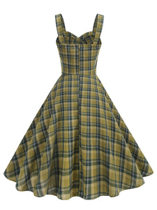 Clueless Inspired Yellow V Neck Plaid Vintage Dress