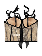 Load image into Gallery viewer, Black Bow Nude Lace Corset Top - Pearl Embellished Bustier with Tie Straps