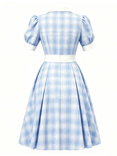 Load image into Gallery viewer, 1950s Baby Blue Plaid Notch Lapel Collar Vintage Puff Sleeve Retro Swing Dress