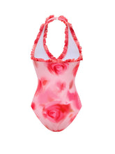 Load image into Gallery viewer, Pink Floral Print Halter Neck One-piece Swimsuit With Bathing Suit Skirt