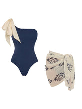 Load image into Gallery viewer, 2PS Navy Blue One Shoulder Tie-Bow Swimwear with Tribal Print Sarong Cover-Up Set