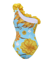 Load image into Gallery viewer, Women’s Light Blue Floral Print One-Shoulder One Piece with Yellow Ruffle and Long Skirt Set