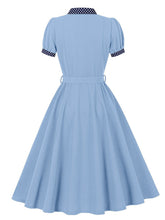 Load image into Gallery viewer, Vintage 1950s Baby Blue Polka Dot Ruffles Swing Dress