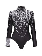 Load image into Gallery viewer, Black Beaded Chain Print Long Sleeve Bodysuit with Sheer Wrap Skirt