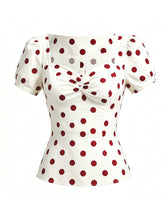 Load image into Gallery viewer, 1950s Vintage  Sweetheart Neck Retro White and Red Puff Sleeve Blouse Rockabilly Shirt