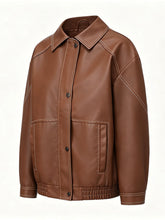 Load image into Gallery viewer, Women's Dark Brown Contrast Stitch Faux Leather Bomber Jacket
