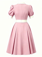 Load image into Gallery viewer, 1950s Lake Blue Notch Lapel Collar Vintage Puff Sleeve Retro Swing Dress