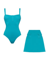 Load image into Gallery viewer, 2PS Turquoise Blue Button-Front One-Piece Swimsuit &amp; Pocket Mini Skirt Cover-Up Set