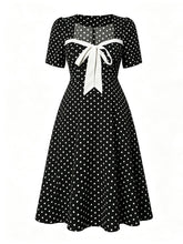 Load image into Gallery viewer, Vintage Black Polka Dot Bow Tie Swing Dress with Short Sleeves