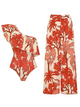 Load image into Gallery viewer, Women's Red Tropical Print One-Shoulder Ruffle Swimsuit &amp; Wide-Leg Pants Set