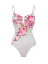 Load image into Gallery viewer, 2PS Pink Floral One-Piece Swimsuit Mesh Cover-Up Skirt Set