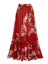 Load image into Gallery viewer, 2PS Red Floral One-Piece Swimsuit and Sheer Maxi Cover-Up Skirt Set