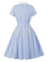 Load image into Gallery viewer, Blue Plaid Peter Pan Collar A-Line 1940S Vintage Shirt Dress
