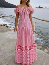 Load image into Gallery viewer, Barbiecore Pink and White Vertical Striped Strap Flowers One-Piece Swimsuit with Bathing Suit Skirt
