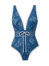 Load image into Gallery viewer, Vintage Blue Bandana Paisley One-Piece Swimsuit with Matching Mini Skirt