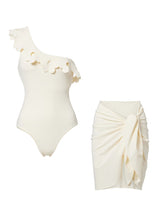 Load image into Gallery viewer, White One-Shoulder Scallop Cutout Swimsuit Tie-Front Sarong Skirt Set