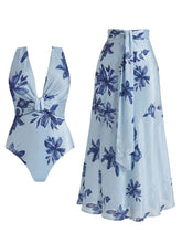 Load image into Gallery viewer, Vintage Blue Floral One-Piece Swimsuit with Matching Wrap Skirt