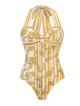 Load image into Gallery viewer, Women's Yellow Floral Striped Halter Swimsuit &amp; Tiered Ruffled Maxi Skirt Set