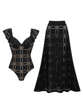Load image into Gallery viewer, Black Eyelet Ruffle One Piece Swimsuit with Maxi Skirt 2 Piece Resortwear Set