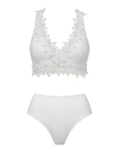 Load image into Gallery viewer, Women's White Lace Trim Bikini Bridal Swimsuit with Asymmetric Cover-Up Skirt