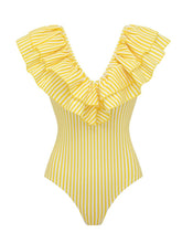 Load image into Gallery viewer, Women's Yellow Striped Ruffle V-Neck One Piece Swimsuit with Tiered Maxi Skirt Set