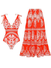Load image into Gallery viewer, Women's Red Floral Bohemian One Piece Swimsuit with Matching Maxi Cover Up Skirt Set