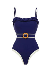 Load image into Gallery viewer, Navy Nautical One Piece Swimsuit with Belt and Striped Skirt Set