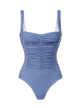 Load image into Gallery viewer, Women’s Blue Plaid Ruched One-Piece Swimsuit and Tie-Side Mini Sarong Cover-Up Set