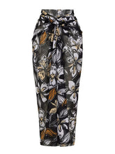 Load image into Gallery viewer, Women’s Black and Brown Floral Print Criss-Cross One-Piece Swimsuit and Sheer Sarong Set
