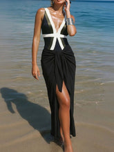 Load image into Gallery viewer, Black Color Block One-Piece Swimsuit with Tie-Front Wrap Skirt