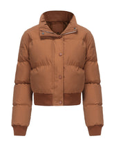 Load image into Gallery viewer, Women's Cropped Red Short Bubble Coat with Ribbed Cuff Hem Puffer Jacket