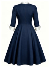 Load image into Gallery viewer, 1950s Vintage Navy Blue Bow Tie Swing Dress - Retro Office Workwear Midi Dress