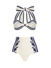 Load image into Gallery viewer, Retro Sailor Striped High Waisted Swimsuit 3-Piece Bikini Set Bow Halter Bikini and Shorts