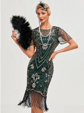 Load image into Gallery viewer, Women's 1920s Flapper Dress with Flutter Sleeves Emerald Green Gatsby Costume Sequin Fringe Dress