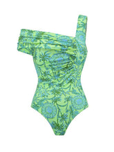 Load image into Gallery viewer, 2PS Green One Shoulder Ruched Tropical Swimsuit with Skirt Set