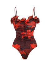 Load image into Gallery viewer, Dark Red Tropical Floral One Piece Swimsuit with Ruffle Skirt Set