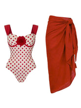 Load image into Gallery viewer, Vintage 1950s Red Polka Dot One Piece Swimsuit with Red Rose