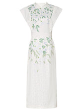Load image into Gallery viewer, White Satin Green Leaves Flying Sleeves Print Vintage Dress