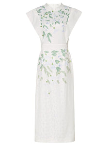 White Satin Green Leaves Flying Sleeves Print Vintage Dress