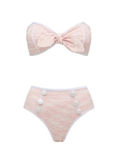 Load image into Gallery viewer, 3 Piece Textured Pink Bathing Suit Vintage 1960s Mod Bow Bikini Set