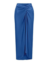 Load image into Gallery viewer, Royal Blue One Shoulder Beaded Feather One Piece Monokini with Draped Twist Sarong Maxi Skirt Swimsuit Set