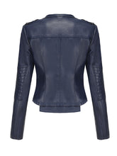 Load image into Gallery viewer, Women's Navy Blue Faux Leather Motorcycle Jacket | Slim Fit Asymmetrical Zip Moto Biker Coat