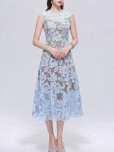 Load image into Gallery viewer, Baby Blue Floral Sheer Lace Sleeveless Cutout A-Line Midi Dress