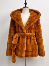 Load image into Gallery viewer, 1980s Vintage Charcoal Grey Hooded Faux Mink Fur Coat - Retro Tiered Belted Jacket