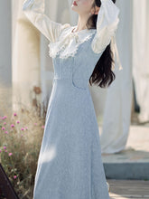 Load image into Gallery viewer, 2PS Corduroy Suspender 1950S Dress With White Vintage Bow Shirt