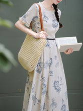 Load image into Gallery viewer, Retro Blue and White Porcelain Style Ballerina Graphic Dress Elegant Lace Flare Midi Dress for Picnic Vacation