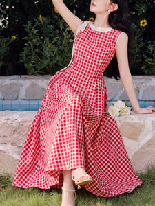 Red Plaid Print Sleeveless 1950S Vintage Dress
