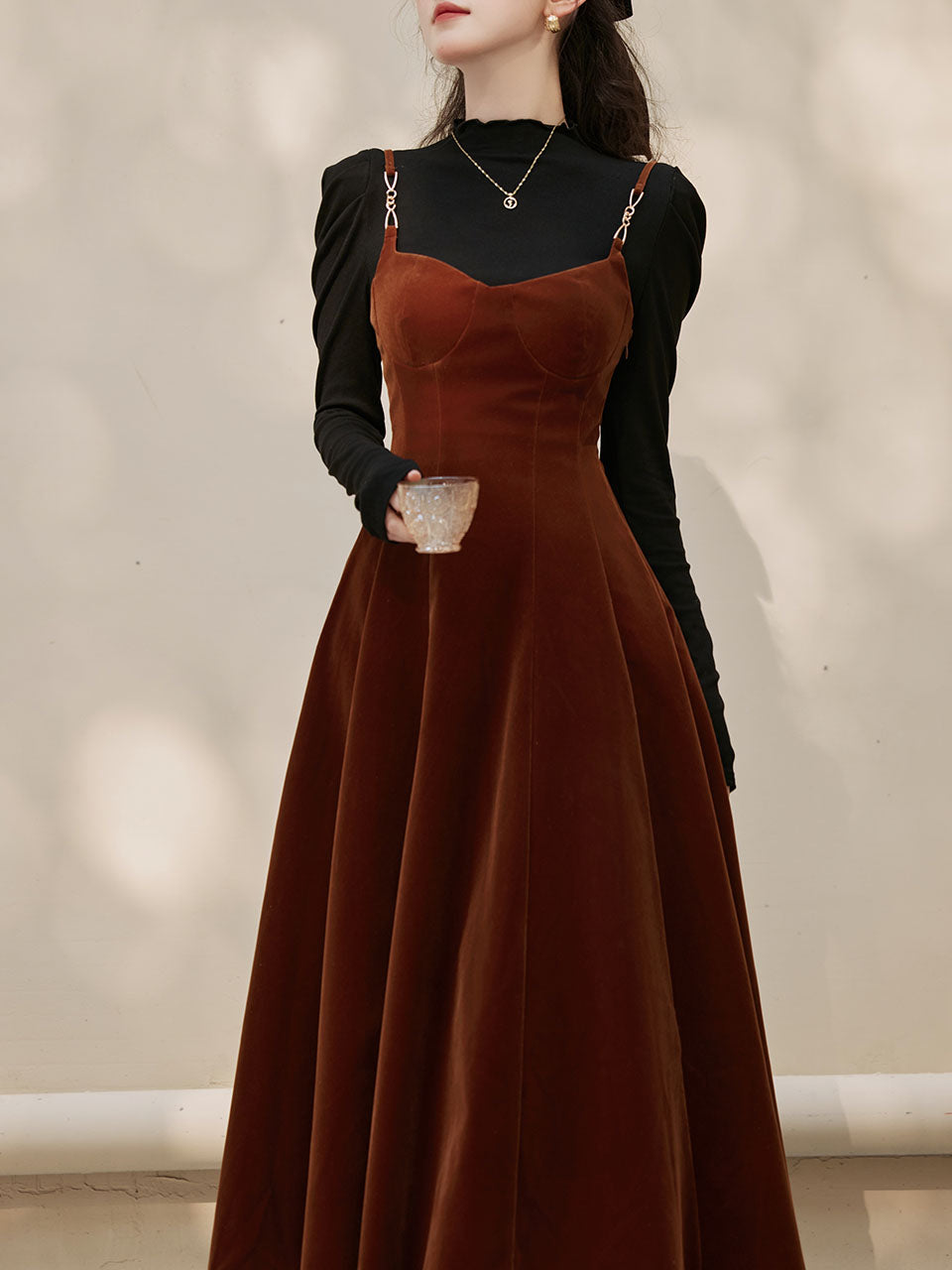 long dress with suspender 2PS Green Strap Suspender 1950S Dress With Black Sweater, Brown / XS